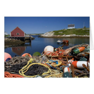 Lobster pots, buoys, and ropes on the dock at