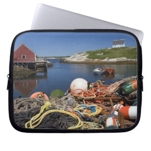 Lobster pots, buoys, and ropes on the dock at laptop sleeve