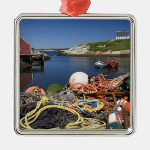 Lobster pots, buoys, and ropes on the dock at metal ornament