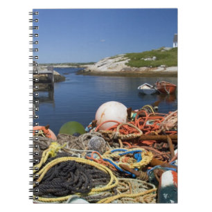 Lobster pots, buoys, and ropes on the dock at notebook