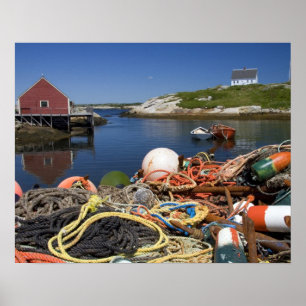 Lobster pots, buoys, and ropes on the dock at poster