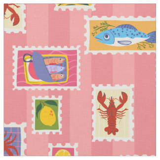 lobster sardine lemon seafood stamp collage stripe fabric