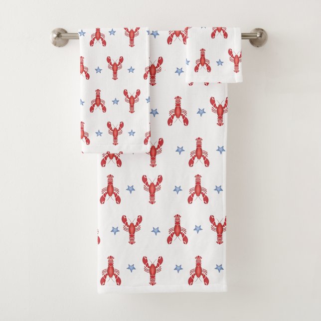 Lobster Shacking Up Preppy Seaside Coastal Bath Towel Set (Insitu)