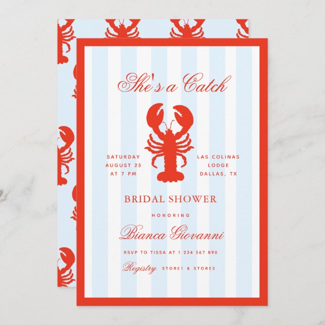 Lobster She's a Catch Beach Coastal Bridal Shower Invitation (Front/Back)