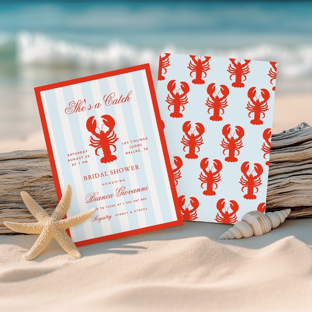 Lobster She's a Catch Beach Coastal Bridal Shower Invitation (Creator Uploaded)