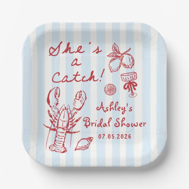 Lobster She's A Catch Bridal Shower Paper Plates (Front)