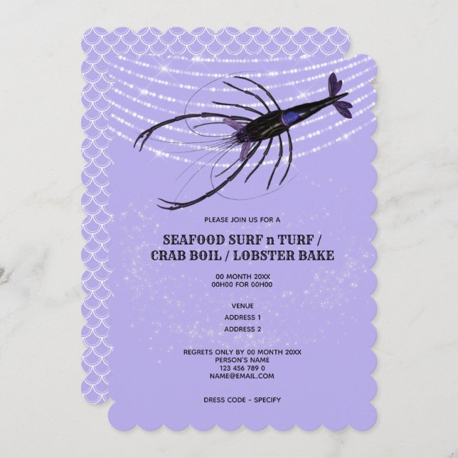 Lobster string lights fish scale lilac crawfish invitation (Front/Back)