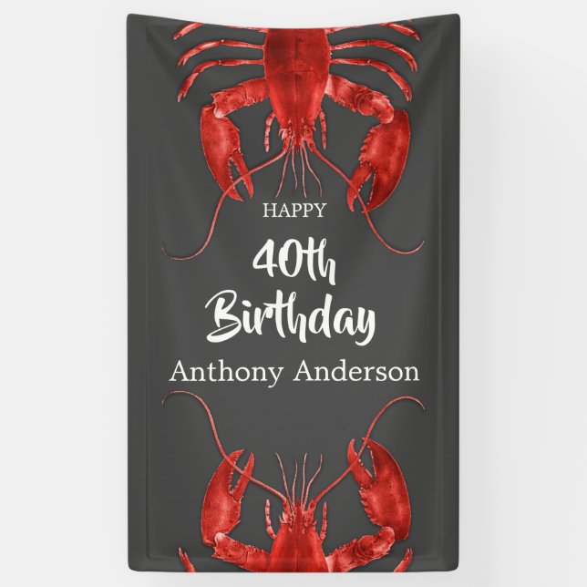 Lobster Themed Dark Grey Fun Birthday Party Custom Banner (Vertical)