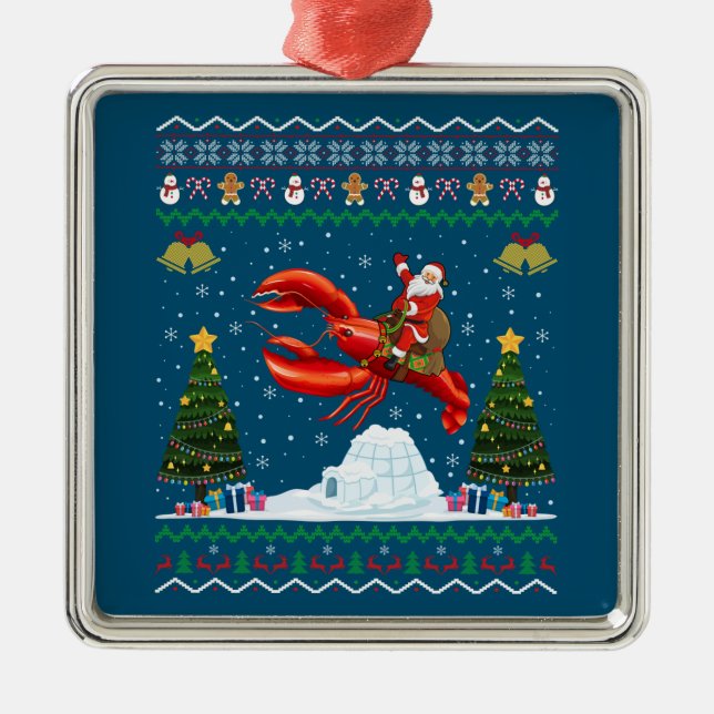 Lobster Ugly Xmas Gift Santa Riding Lobster Christ Metal Ornament (Front)
