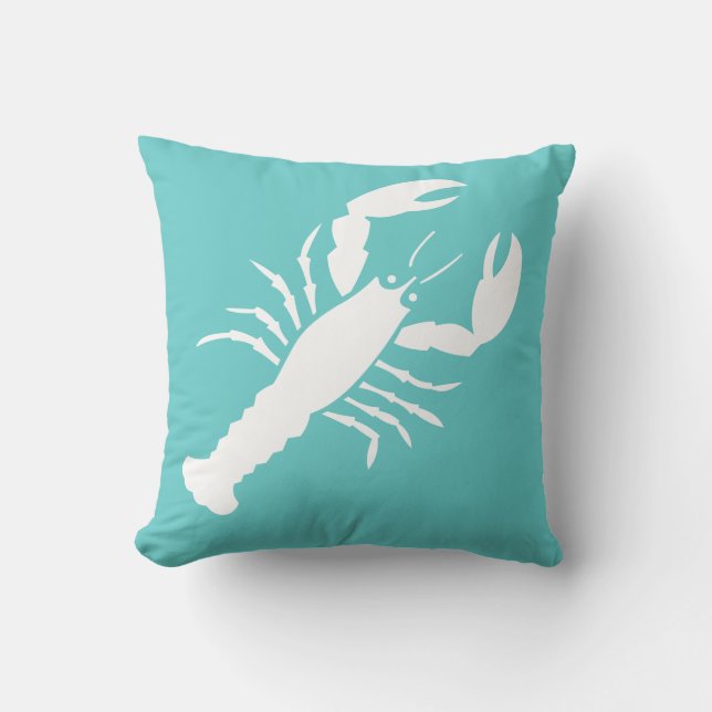 LOBSTER WHITE on teal blue pillow (Front)
