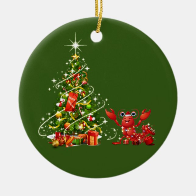 Lobster With Hat LIGHTS Christmas Ceramic Ornament (Front)
