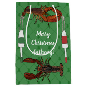 Lobsters and Fishing Buoys on Green Christmas  Medium Gift Bag