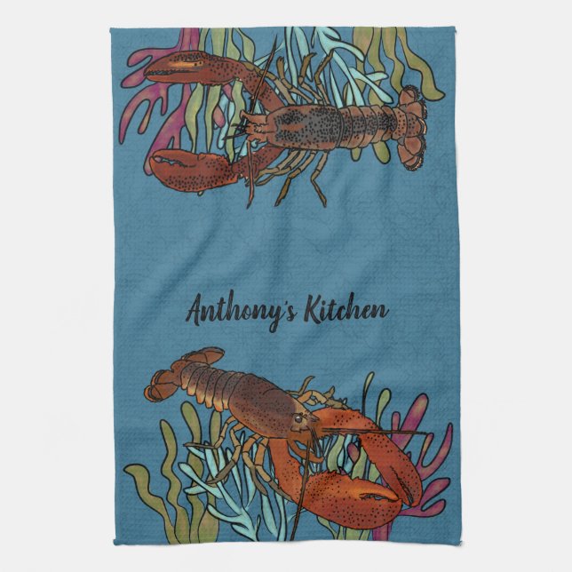 Lobsters in the Blue Sea Personalised  Tea Towel (Vertical)