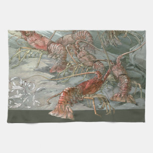 Lobsters in the Ocean, Vintage Art Nouveau Tea Towel