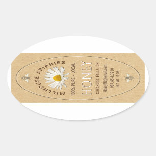 Local Hand Bottled Honey with Daisy and Bees Kraft Oval Sticker