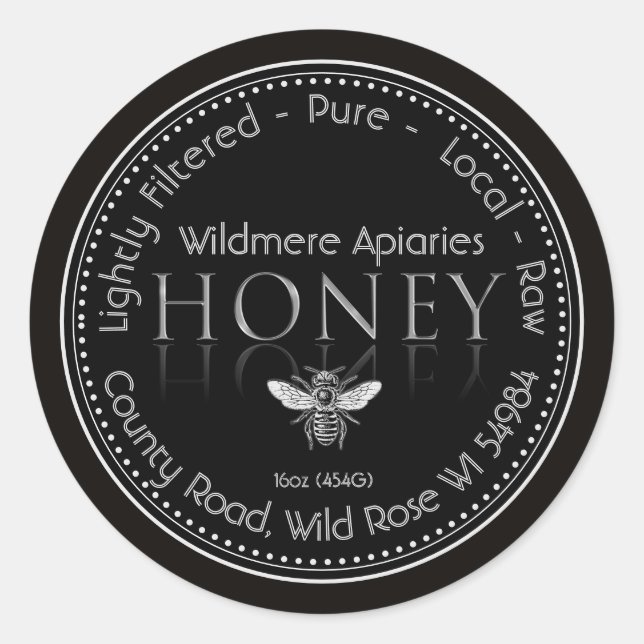 Local Honey Label Black and Silver with Bee Border (Front)