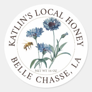 Local Honey Label Blue Aster Flower and Honeybee