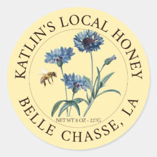 Local Honey Label Blue Aster Flower and Honeybee 