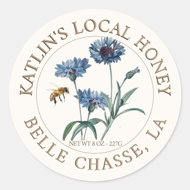 Local Honey Label with Blue Aster and Honeybee (Front)
