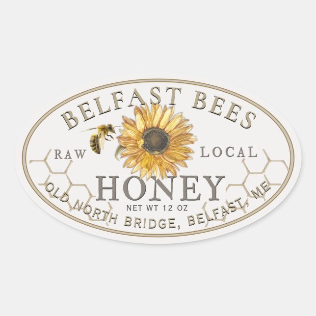 Local Honey with Sunflower and Bee Oval Sticker (Front)