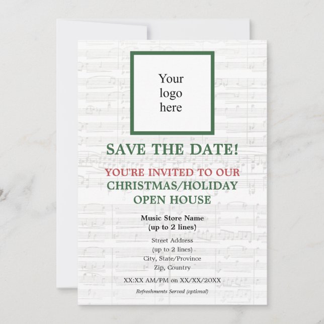Local Music Store Logo Christmas I Open House Save The Date (Front)