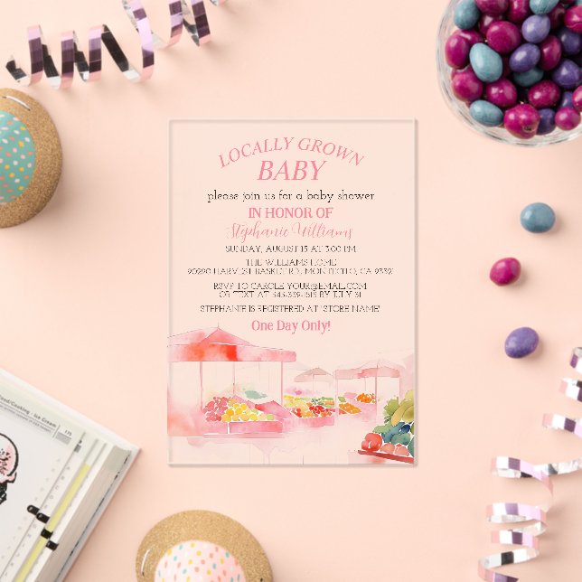 Locally Grown Baby Farmers Market Baby Girl shower Acrylic Invitations (Insitu (Celebration))