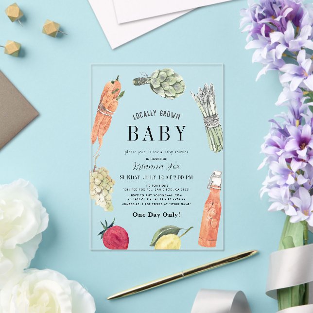 Locally Grown Baby Farmers Market Baby Shower Acrylic Invitations (Insitu (Wedding))