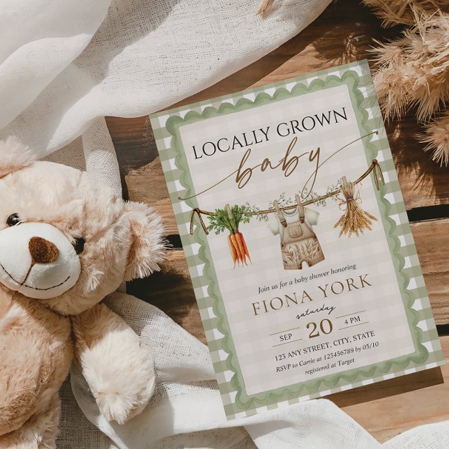 Locally Grown Baby Farmer's Market Green Gingham Invitation (Locally Grown Baby Shower Invitation Sage Green Gingham Farmer's Market Boy Baby Shower)