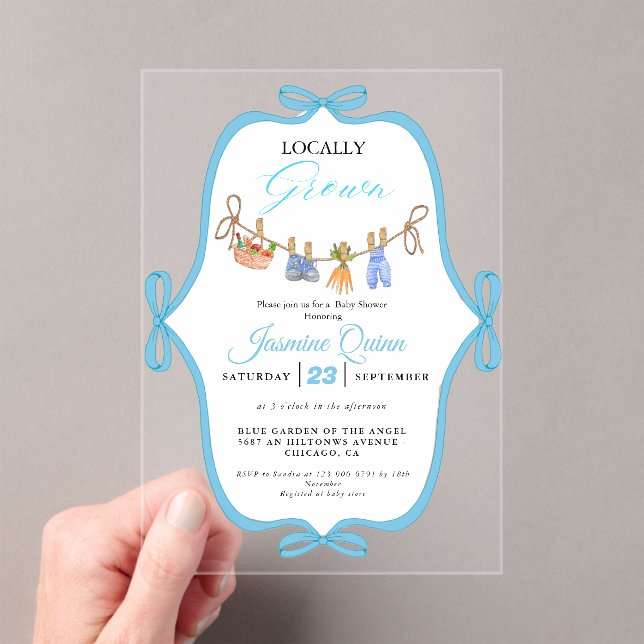 Locally grown boy baby shower Baby sprinkle Acrylic Invitations (Insitu (Handheld))