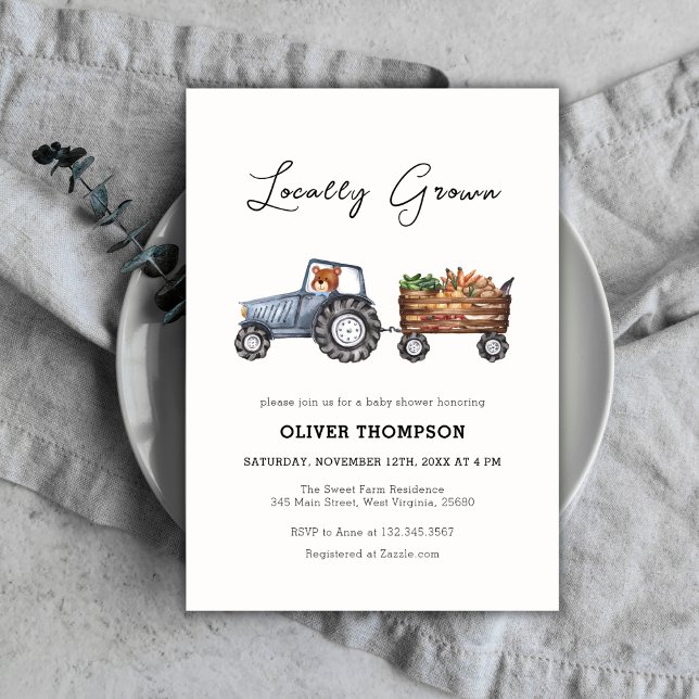 Locally Grown Farm Tractor Teddy Bear Baby Shower Invitation (Locally Grown Farm Tractor Teddy Bear Baby Shower Invitation)