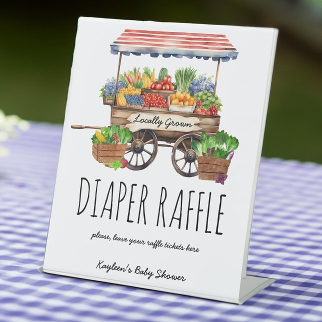 Locally grown farmers baby shower diaper raffle pedestal sign (Locally grown farmers market baby shower diaper raffle pedestal table sign personalized decor)