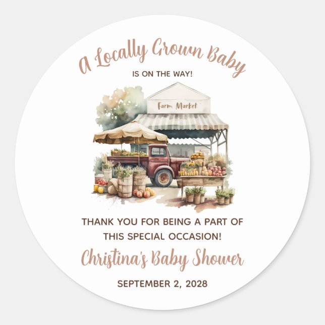 Locally Grown, Farmer's Market Baby Shower Classic Round Sticker (Front)