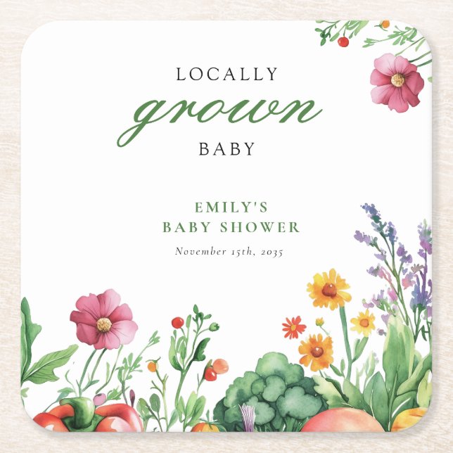 Locally Grown Farmers Market Baby Shower Square Paper Coaster (Front)