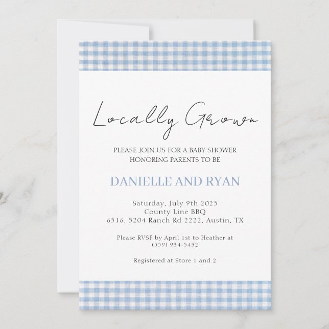Locally Grown Farmers Market Chequered Boy Blue Invitation (Front)