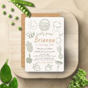 Locally Grown Farmers Market Doodle 1st Birthday Invitation