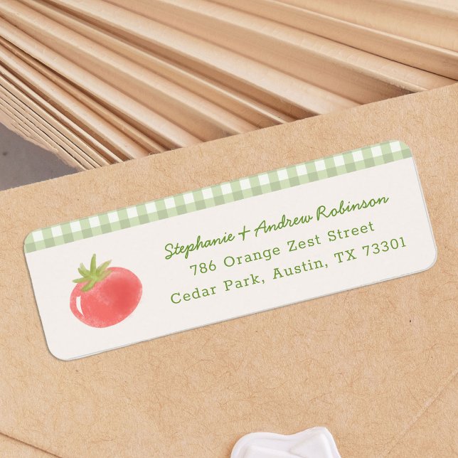 Locally Grown Farmer's Market Return Address Label (watercolour tomato return address labels with gingham pattern detail)
