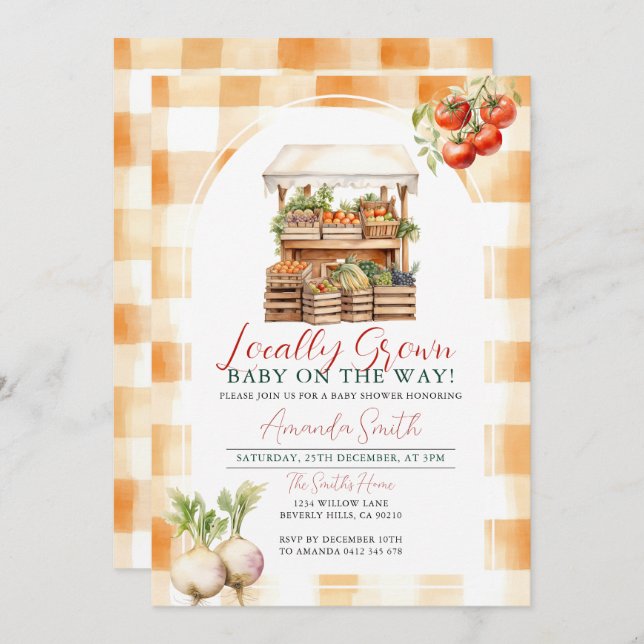 Locally Grown Fresh Market Baby Shower Gingham Invitation (Front/Back)