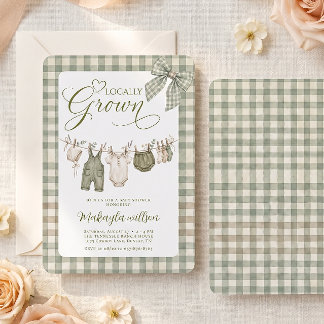 Locally Grown Gingham Clothesline Bow Baby Shower Invitation