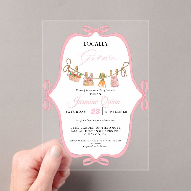 Locally grown Girl baby shower Baby sprinkle Acrylic Invitations (Insitu (Handheld))
