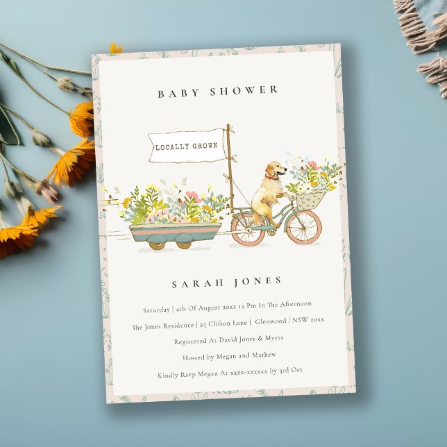Locally Grown Golden Retriever Floral Baby Shower Invitation (Creator Uploaded)