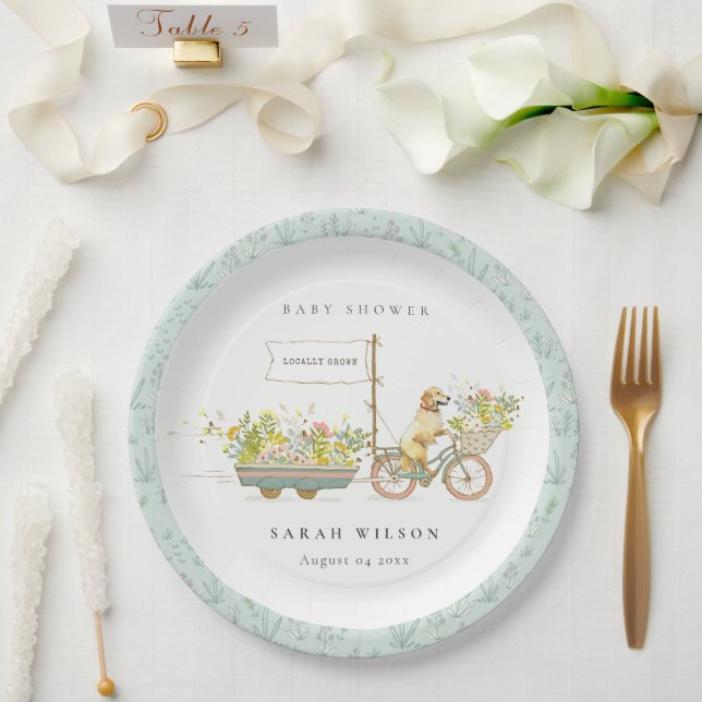 Locally Grown Golden Retriever Floral Baby Shower Paper Plate (Wedding)