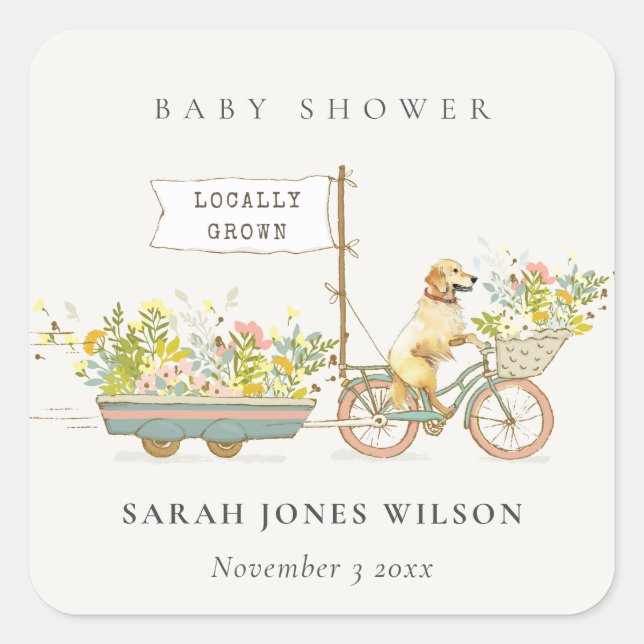 Locally Grown Golden Retriever Floral Baby Shower Square Sticker (Front)