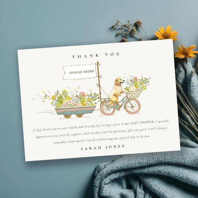 Locally Grown Golden Retriever Floral Baby Shower Thank You Card (Creator Uploaded)