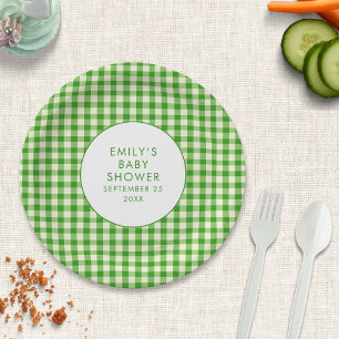 Locally Grown Green Gingham Name Baby Shower  Paper Plate