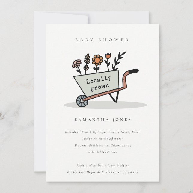 Locally Grown Grey Floral Cart Baby Shower Invite (Front)