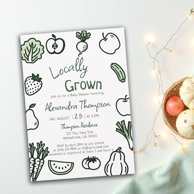 Locally Grown Hand Drawn Farm Fresh Baby Shower Invitation (locally grown baby shower invitation hand drawn produce farm fresh green script written gingham)