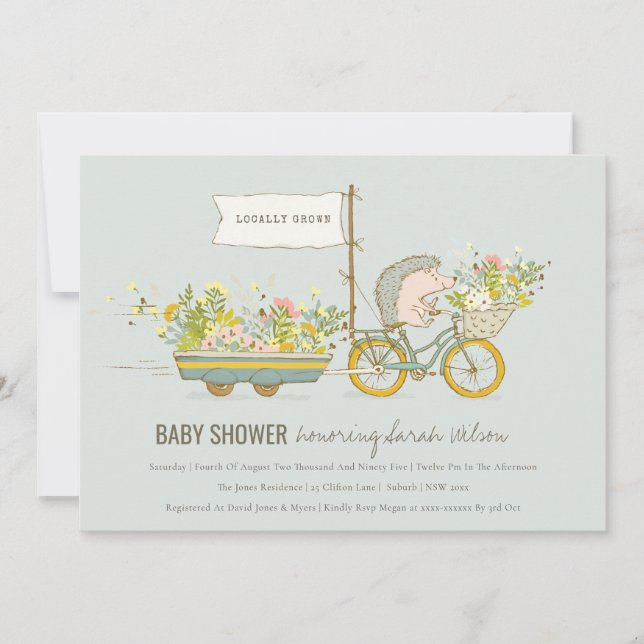 Locally Grown Hedgehog Floral Baby Shower Invite (Front)