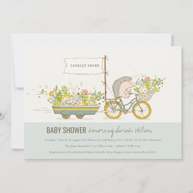 Locally Grown Hedgehog Floral Baby Shower Invite (Front)
