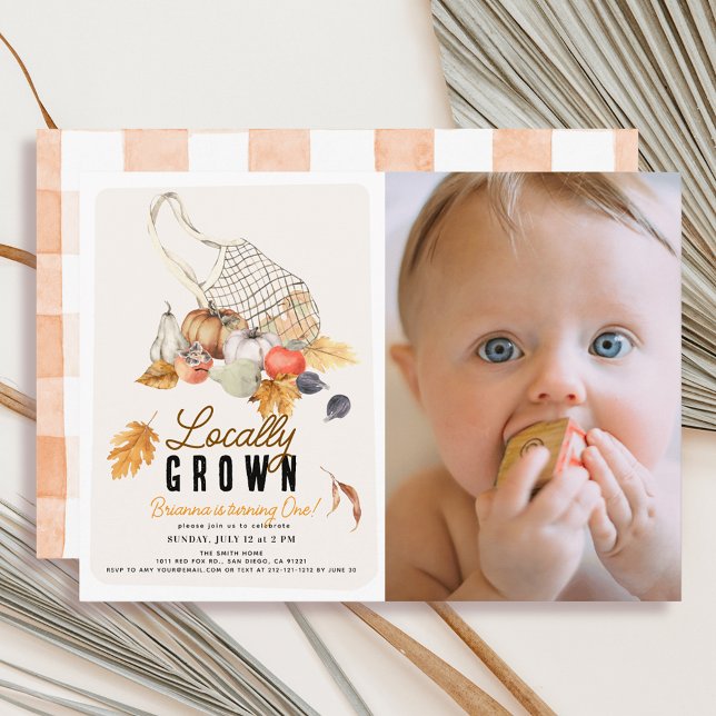 Locally Grown Market Bag Fall Photo 1st Birthday Invitation (Creator Uploaded)