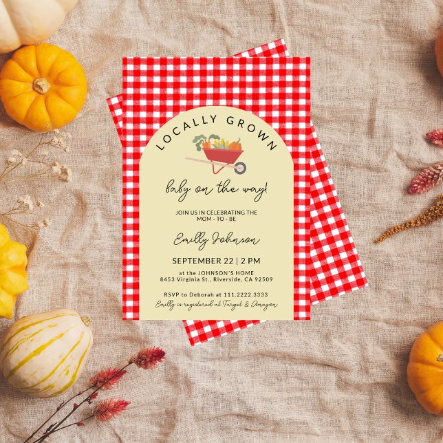 Locally Grown Modern Red Gingham Baby Shower Invitation (Creator Uploaded)